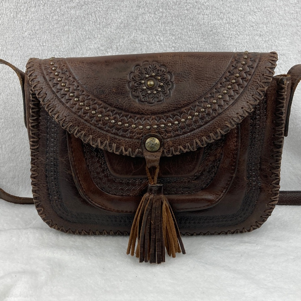 Patricia Nash Petite Beaumont Boho Tooled Brown Leather Women Bag Crossbody